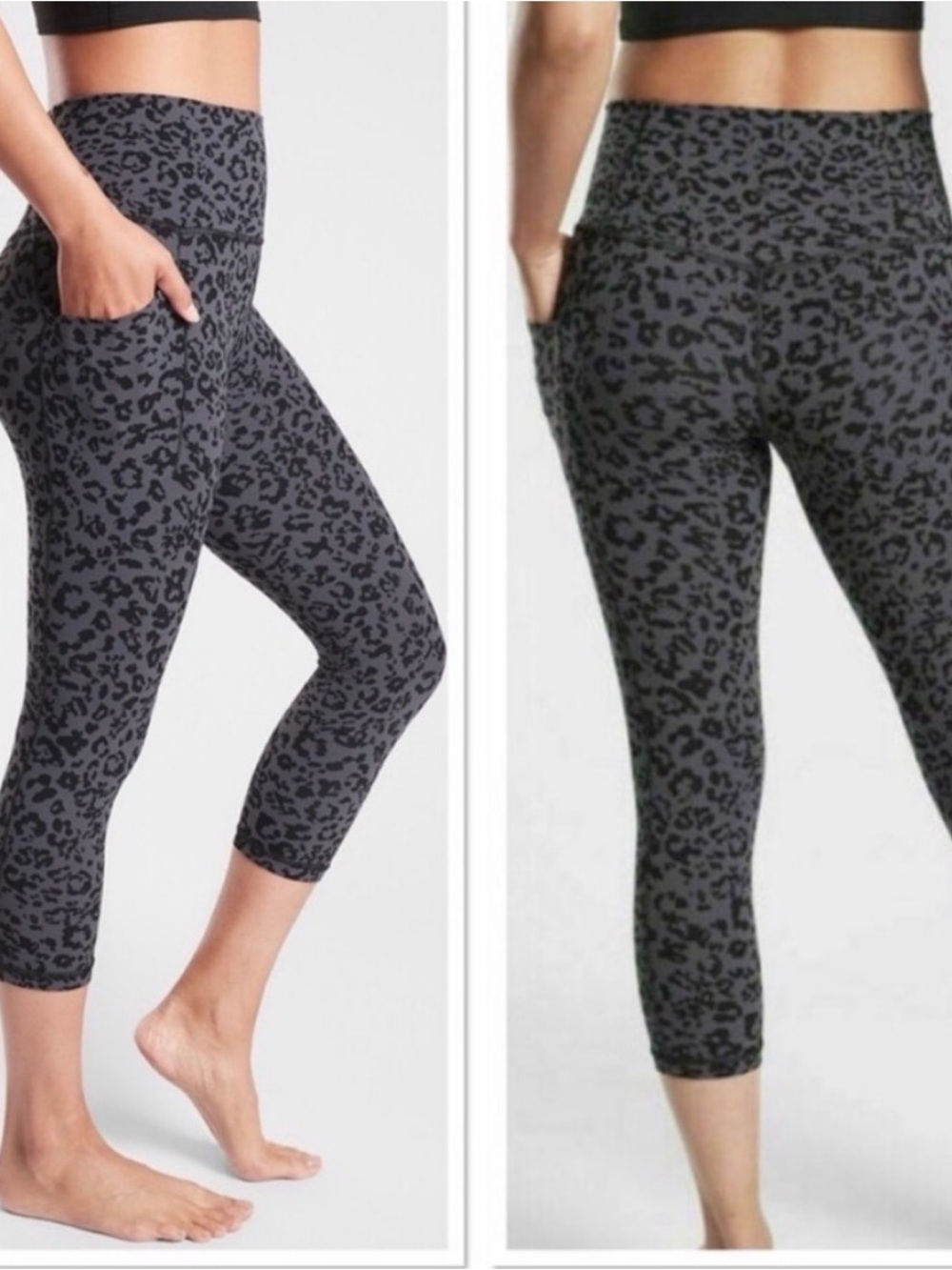 Athleta Charcoal & Black Leopard Salutation II Capris with Side Pockets